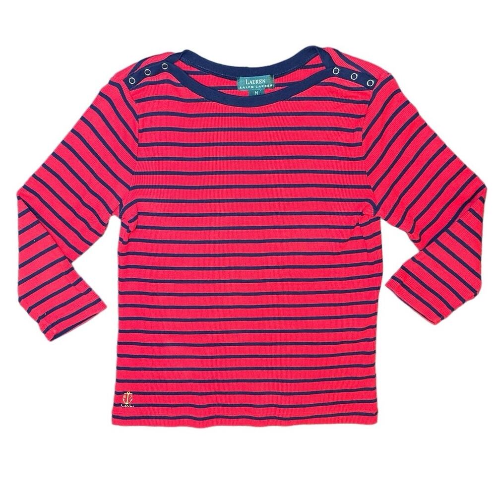 Lauren Ralph Lauren Striped Buttoned Shoulder Long Sleeve Top